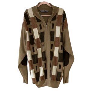 Vintage Style Men’s Zip Cardigan Sweater Neutral Geo Pattern Retro
